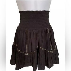 Ramy Brook Black Lined Mini Skirt w/Studded Bronze Rivets Elastic Waist sz SMALL